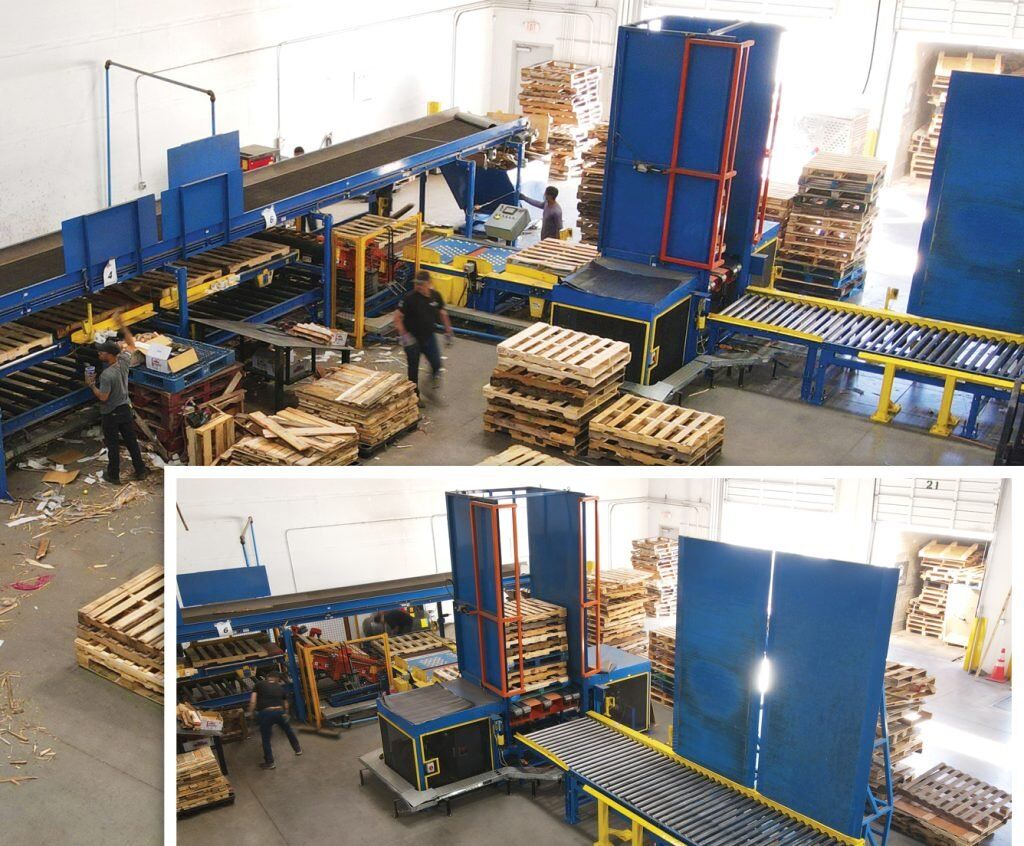 Pallet repair line aerial view at Pallet Broker LLC showing AMS automated system